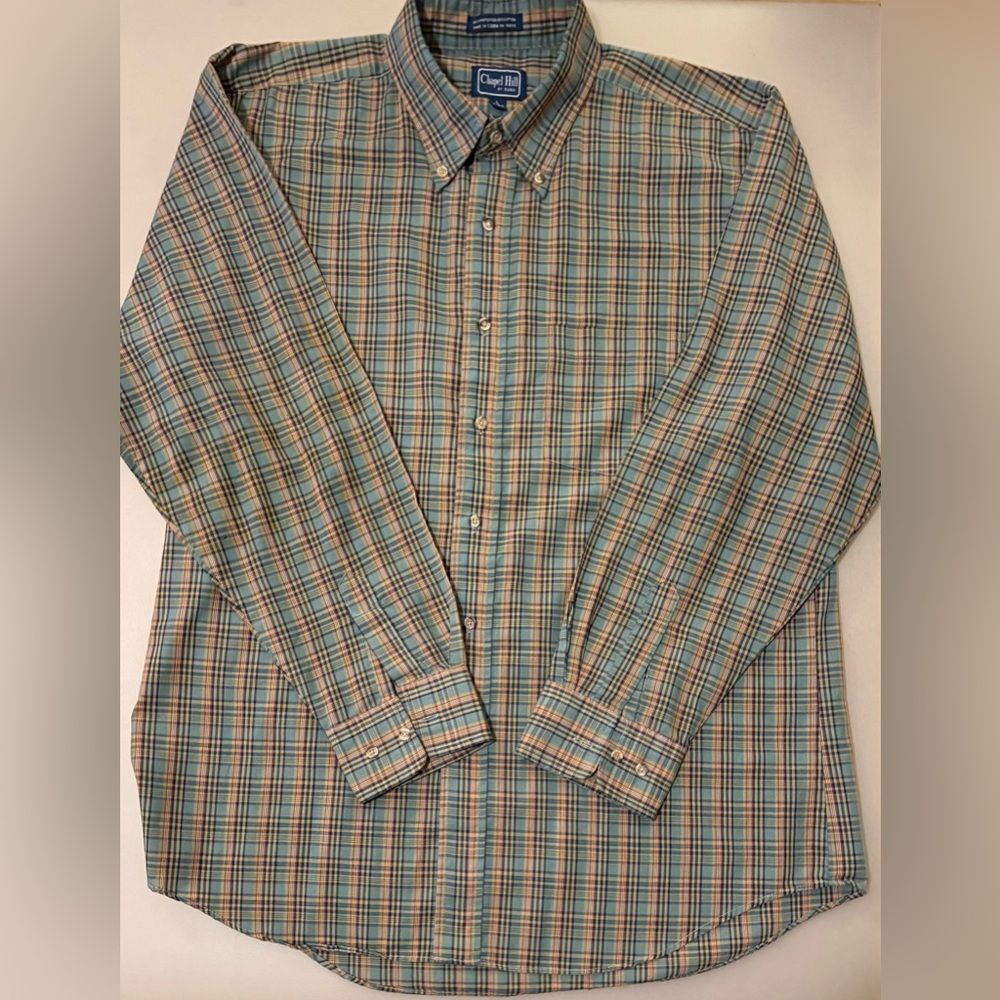 CHAPEL HILL by BLOCK Men's Plaid Button-Down Shirt in Blue and Tan - Picture 2 of 4